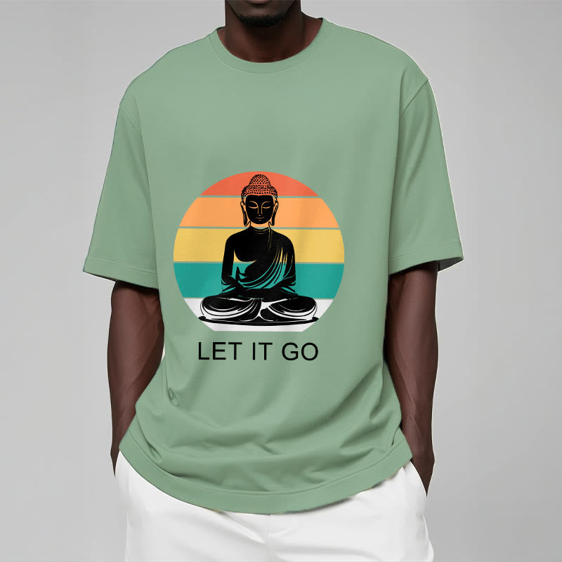 Buddha Stonesカジュアル カラフル ストライプ背景 瞑想する仏陀柄 コットンTシャツ - image 16