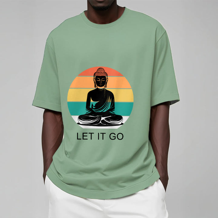 Buddha Stonesカジュアル カラフル ストライプ背景 瞑想する仏陀柄 コットンTシャツ - image 16