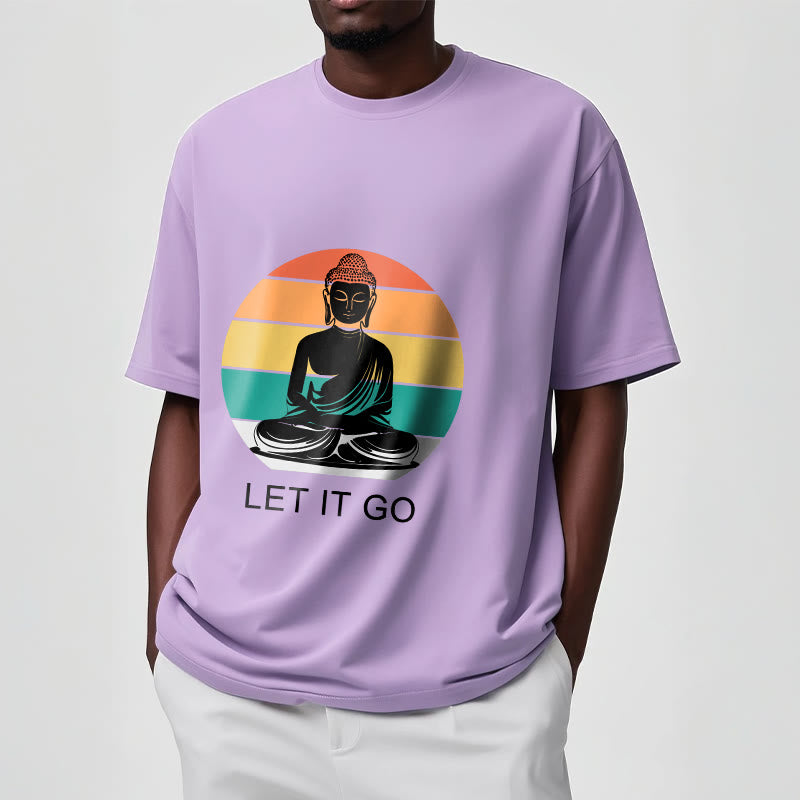 Buddha Stonesカジュアル カラフル ストライプ背景 瞑想する仏陀柄 コットンTシャツ - image 18