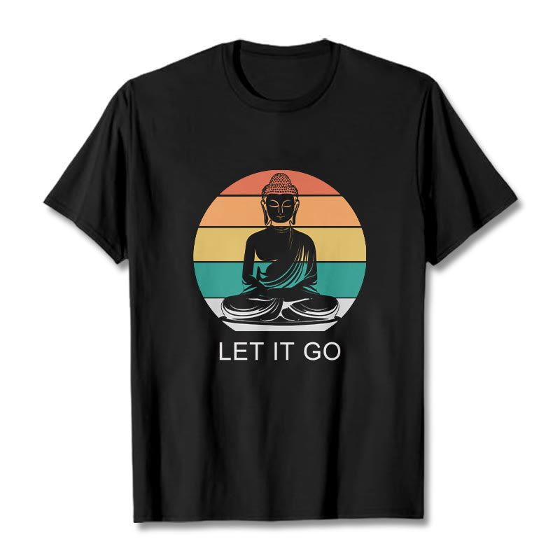 Buddha Stonesカジュアル カラフル ストライプ背景 瞑想する仏陀柄 コットンTシャツ - 黒 - 2XL - image 4