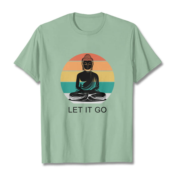 Buddha Stonesカジュアル カラフル ストライプ背景 瞑想する仏陀柄 コットンTシャツ - ペールグリーン - 2XL - image 15