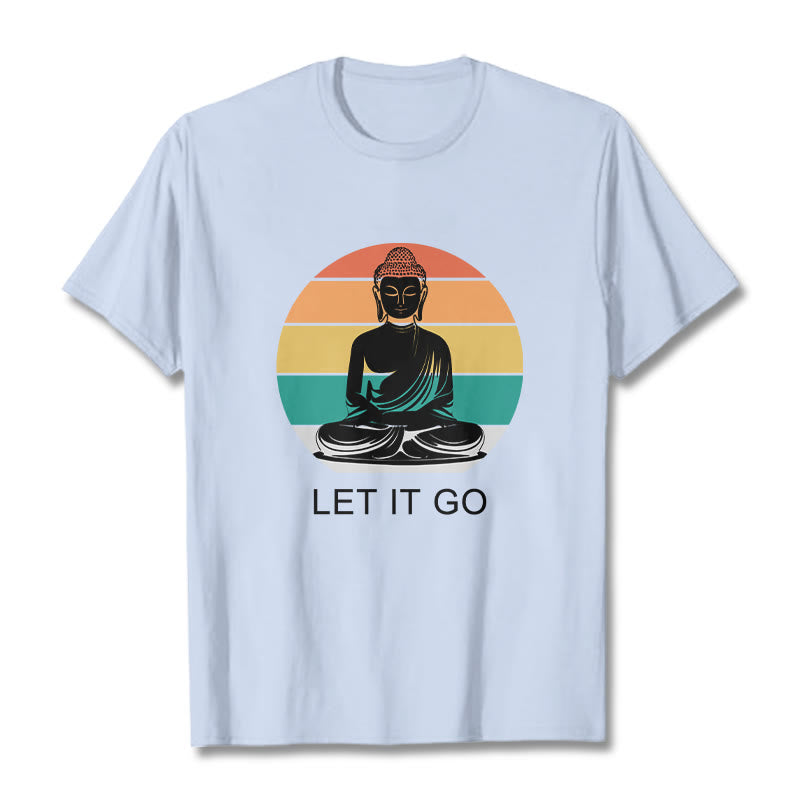 Buddha Stonesカジュアル カラフル ストライプ背景 瞑想する仏陀柄 コットンTシャツ - ライトシアン - 2XL - image 19