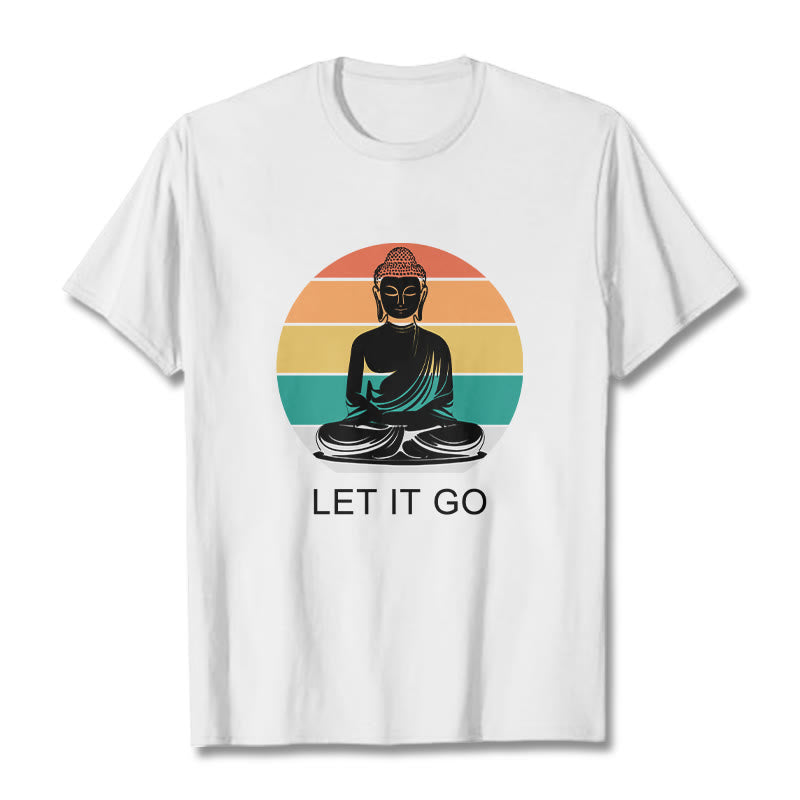 Buddha Stonesカジュアル カラフル ストライプ背景 瞑想する仏陀柄 コットンTシャツ - 白 - 2XL - image 8