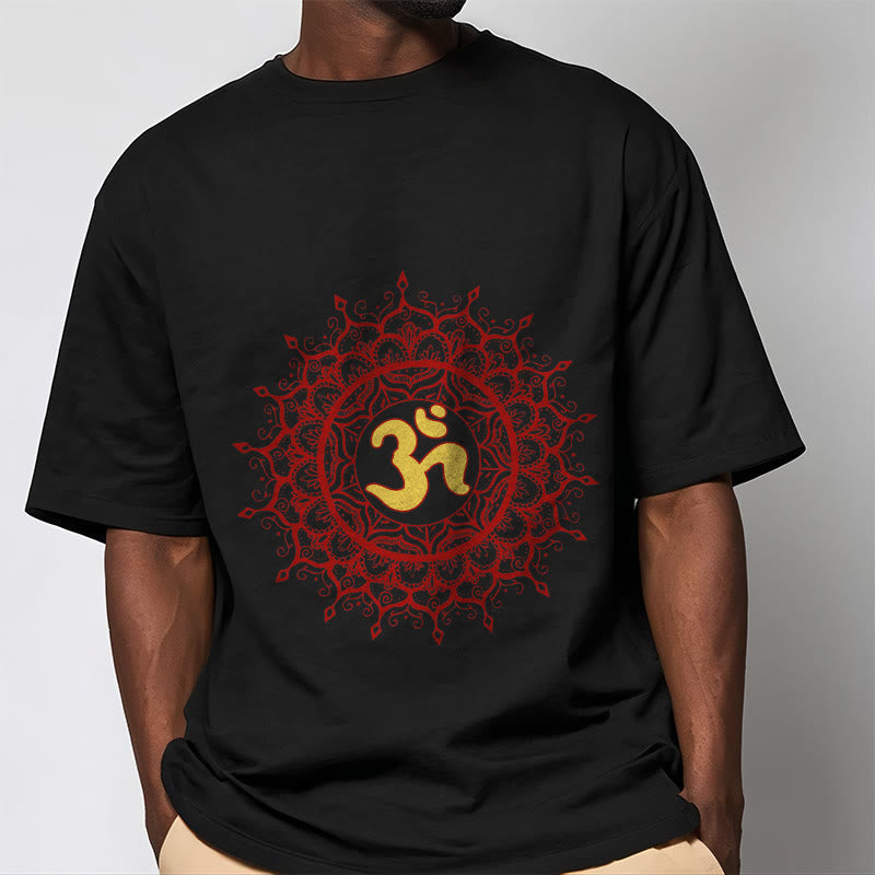 Buddha Stonesカジュアルレッドマンダラオームシンボル柄コットンTシャツ - image 2