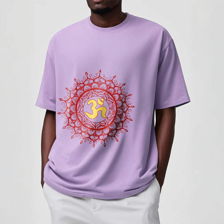 Buddha Stonesカジュアルレッドマンダラオームシンボル柄コットンTシャツ - image 18
