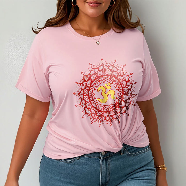 Buddha Stonesカジュアルレッドマンダラオームシンボル柄コットンTシャツ - image 14