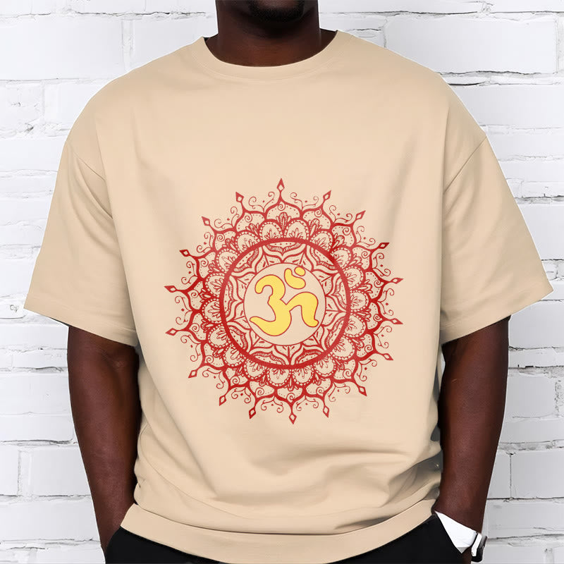 Buddha Stonesカジュアルレッドマンダラオームシンボル柄コットンTシャツ - image 10