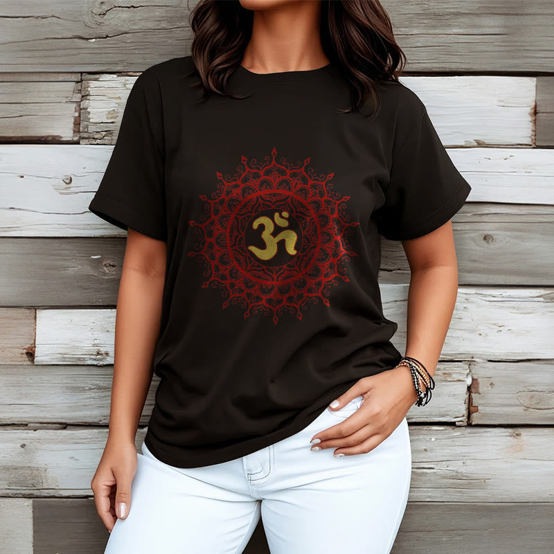 Buddha Stonesカジュアルレッドマンダラオームシンボル柄コットンTシャツ - image 4