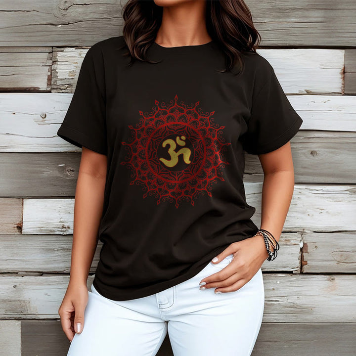 Buddha Stonesカジュアルレッドマンダラオームシンボル柄コットンTシャツ - image 4