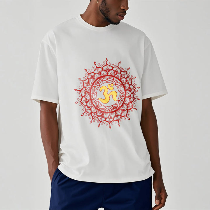 Buddha Stonesカジュアルレッドマンダラオームシンボル柄コットンTシャツ - image 7
