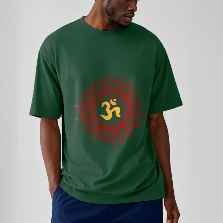 Buddha Stonesカジュアルレッドマンダラオームシンボル柄コットンTシャツ - image 12