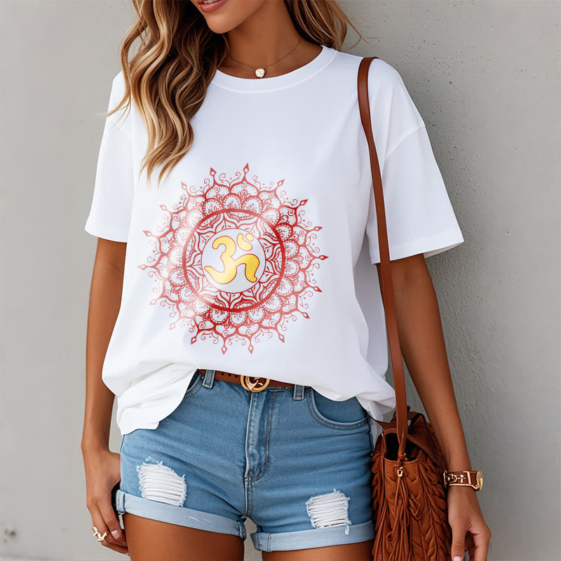 Buddha Stonesカジュアルレッドマンダラオームシンボル柄コットンTシャツ - image 8