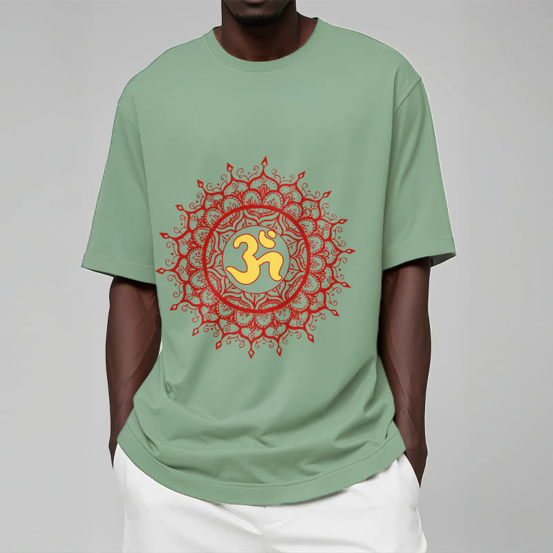 Buddha Stonesカジュアルレッドマンダラオームシンボル柄コットンTシャツ - image 16