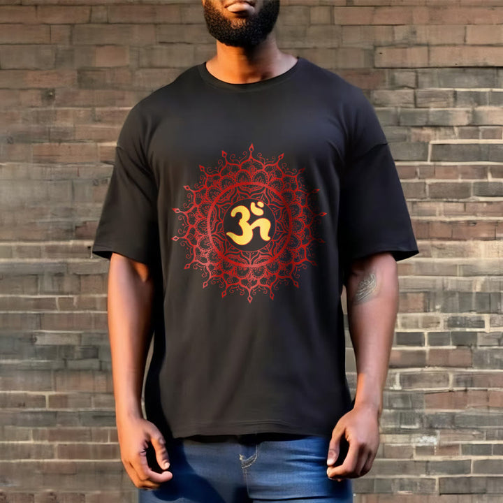 Buddha Stonesカジュアルレッドマンダラオームシンボル柄コットンTシャツ - image 3