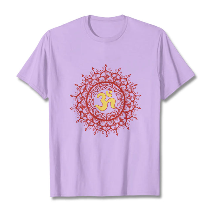Buddha Stonesカジュアルレッドマンダラオームシンボル柄コットンTシャツ - image 17