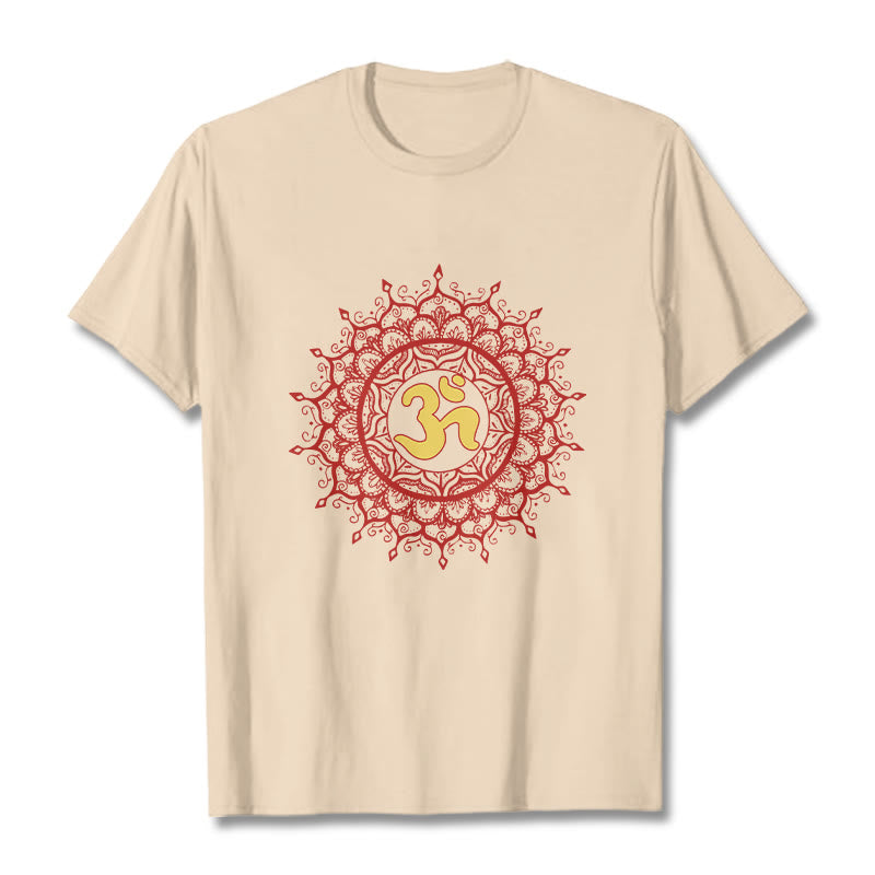 Buddha Stonesカジュアルレッドマンダラオームシンボル柄コットンTシャツ - ビスク - 2XL - image 9