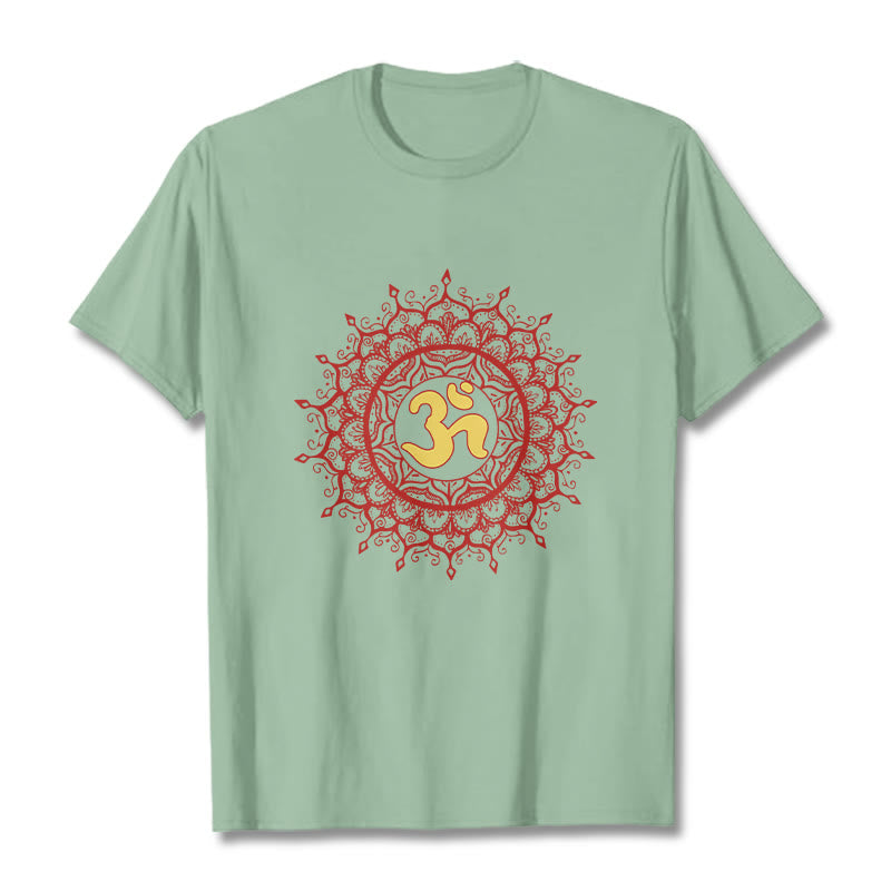 Buddha Stonesカジュアルレッドマンダラオームシンボル柄コットンTシャツ - ペールグリーン - 2XL - image 15