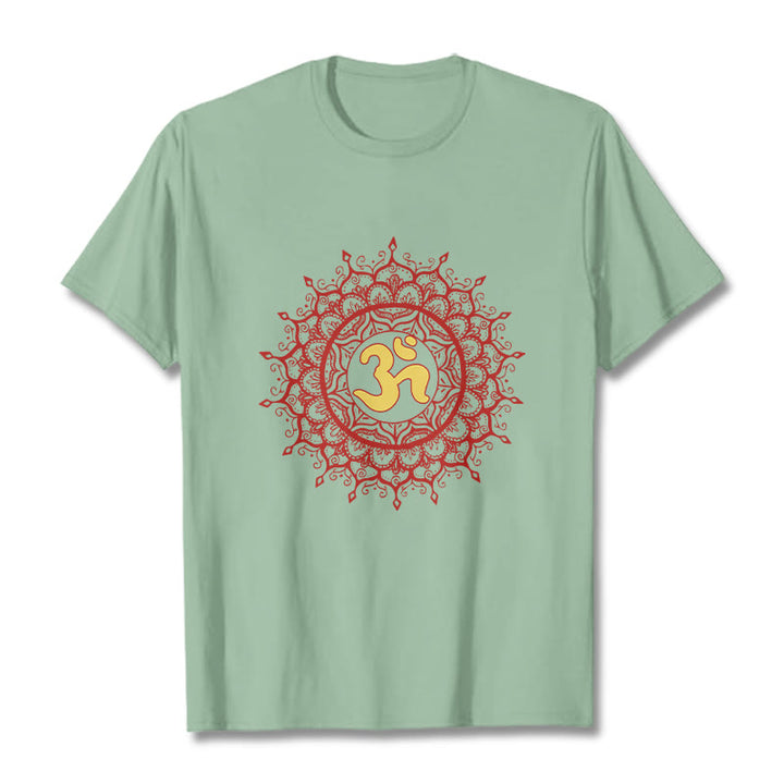 Buddha Stonesカジュアルレッドマンダラオームシンボル柄コットンTシャツ - ペールグリーン - 2XL - image 15
