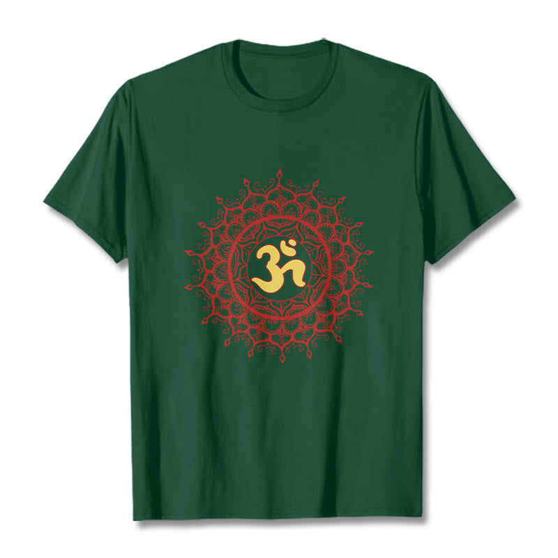 Buddha Stonesカジュアルレッドマンダラオームシンボル柄コットンTシャツ - フォレストグリーン - 2XL - image 11