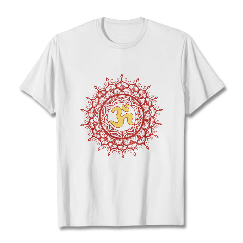 Buddha Stonesカジュアルレッドマンダラオームシンボル柄コットンTシャツ - 白 - 2XL - image 6