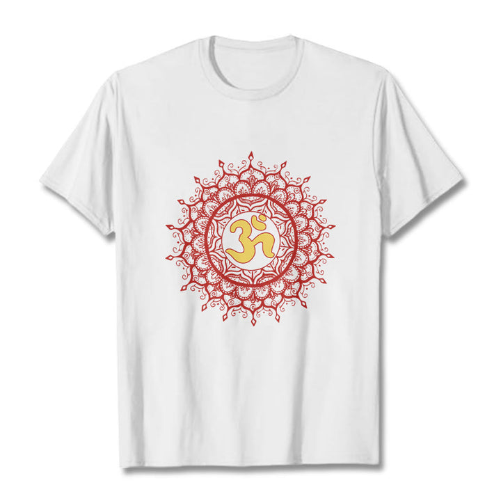 Buddha Stonesカジュアルレッドマンダラオームシンボル柄コットンTシャツ - 白 - 2XL - image 6