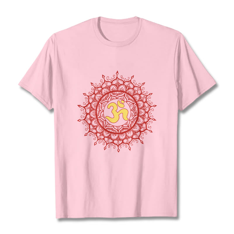 Buddha Stonesカジュアルレッドマンダラオームシンボル柄コットンTシャツ - ライトピンク - 2XL - image 13