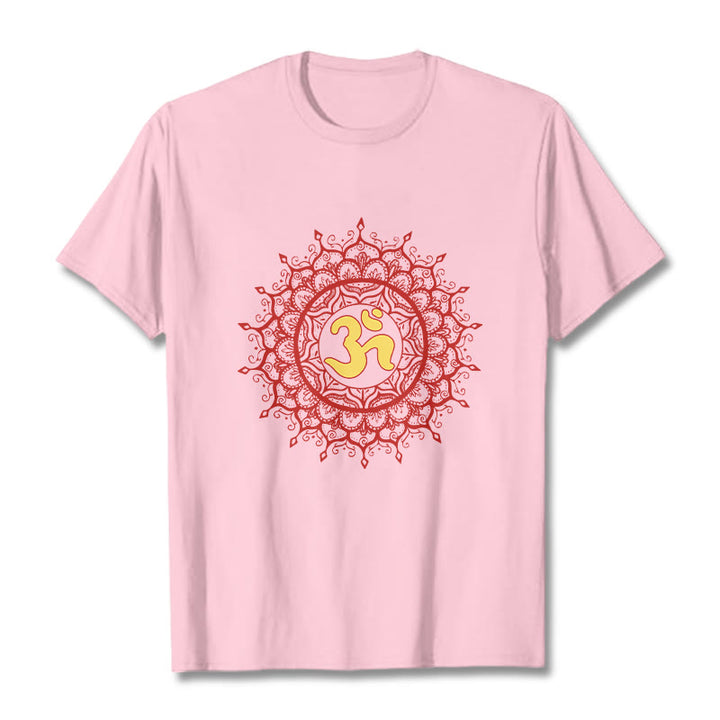 Buddha Stonesカジュアルレッドマンダラオームシンボル柄コットンTシャツ - ライトピンク - 2XL - image 13