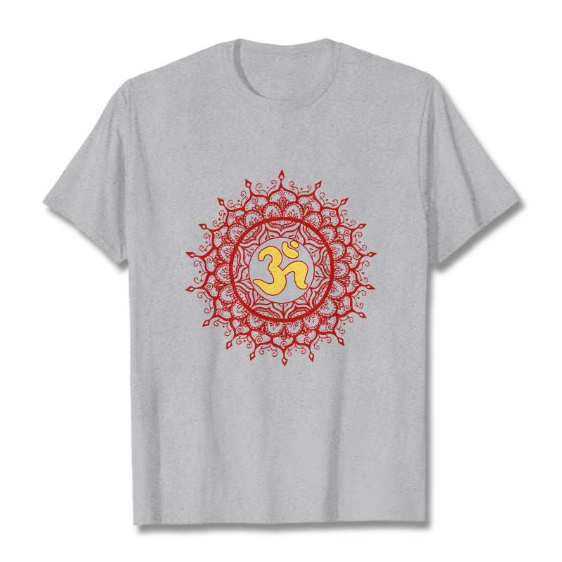 Buddha Stonesカジュアルレッドマンダラオームシンボル柄コットンTシャツ - image 20