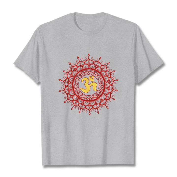 Buddha Stonesカジュアルレッドマンダラオームシンボル柄コットンTシャツ - image 20