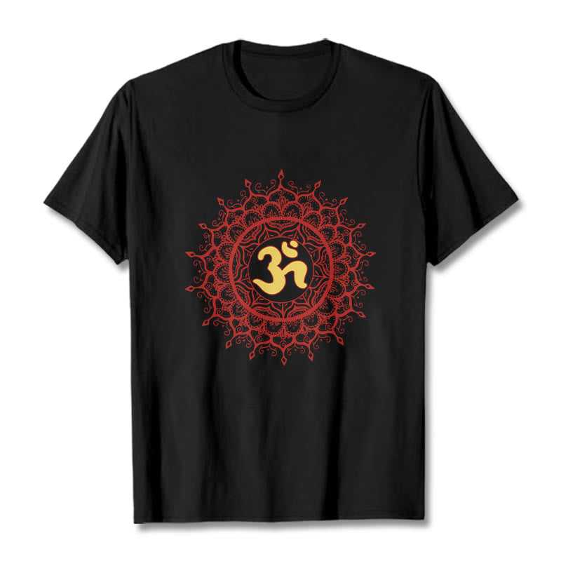 Buddha Stonesカジュアルレッドマンダラオームシンボル柄コットンTシャツ - 黒 - 2XL - image 1