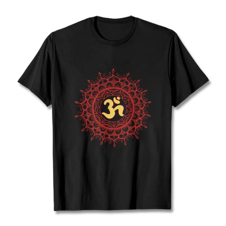 Buddha Stonesカジュアルレッドマンダラオームシンボル柄コットンTシャツ - 黒 - 2XL - image 1
