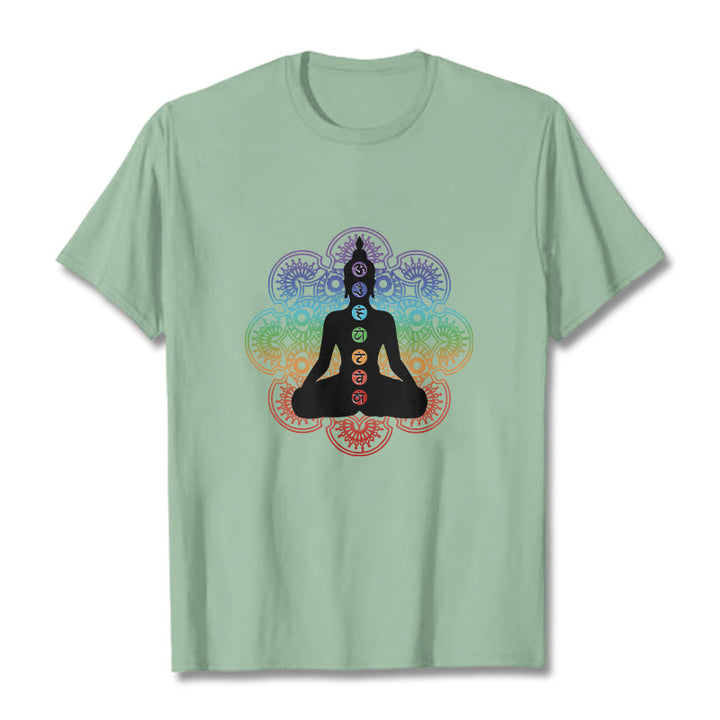 Buddha Stonesカジュアル 瞑想 人物 カラフル マンダラ柄 コットンTシャツ - ペールグリーン - 2XL - image 15
