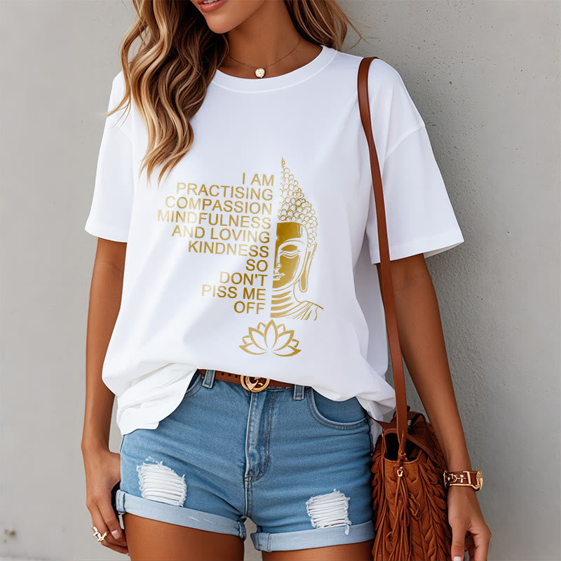 Buddha Stonesカジュアルゴールデンサイドブッダ蓮の花柄コットンTシャツ - image 3