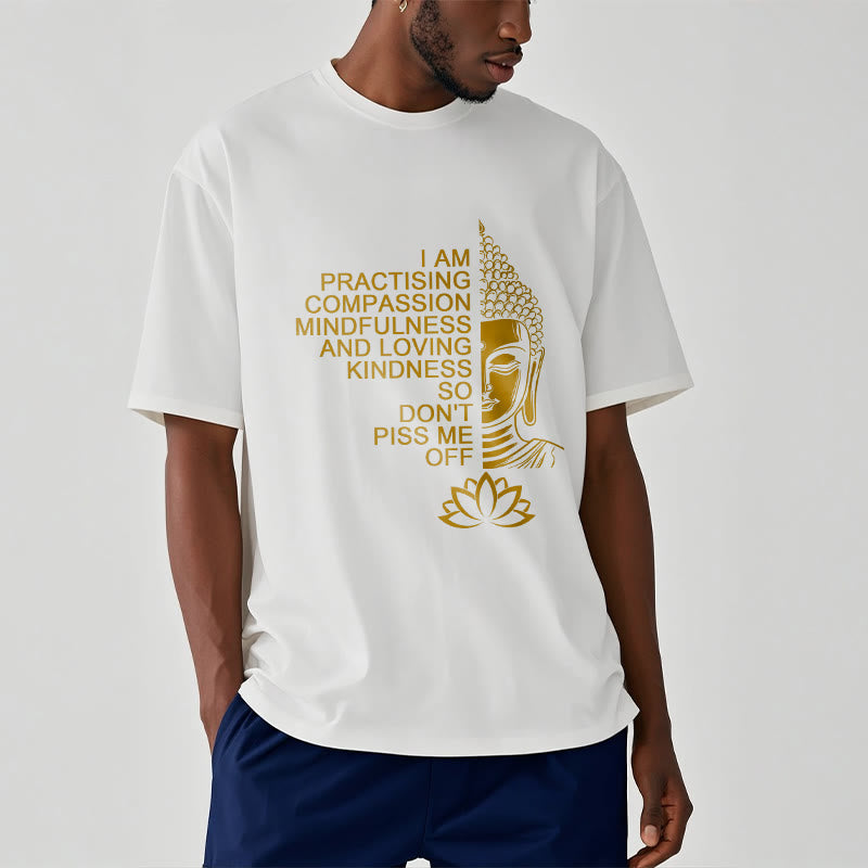 Buddha Stonesカジュアルゴールデンサイドブッダ蓮の花柄コットンTシャツ - image 2