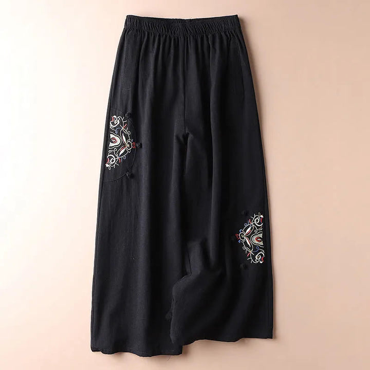 Buddha Stones春エスニック刺繍コットンレディースワイドレッグパンツポケット付き - 黒 - US12、 UK/AU16、EU44（4XL） - image 12