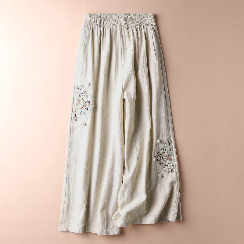 Buddha Stones春エスニック刺繍コットンレディースワイドレッグパンツポケット付き - image 2
