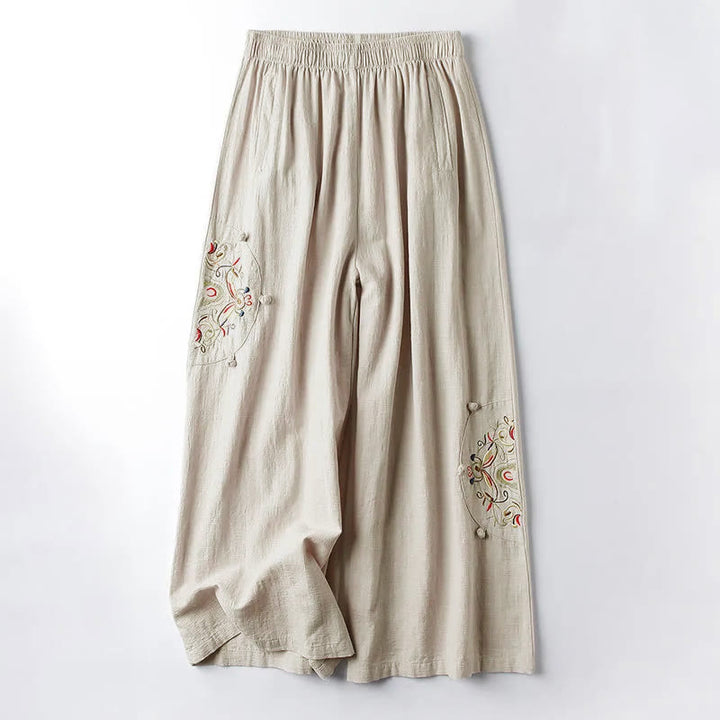 Buddha Stones春エスニック刺繍コットンレディースワイドレッグパンツポケット付き - リネン - US12、 UK/AU16、EU44（4XL） - image 1