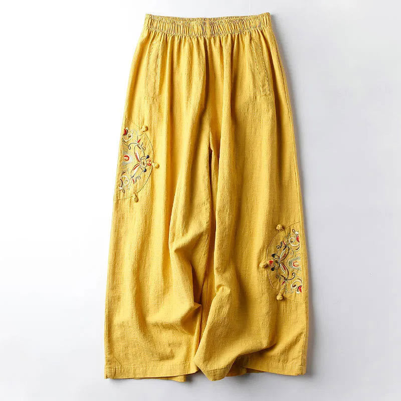 Buddha Stones春エスニック刺繍コットンレディースワイドレッグパンツポケット付き - 金 - US12、 UK/AU16、EU44（4XL） - image 9