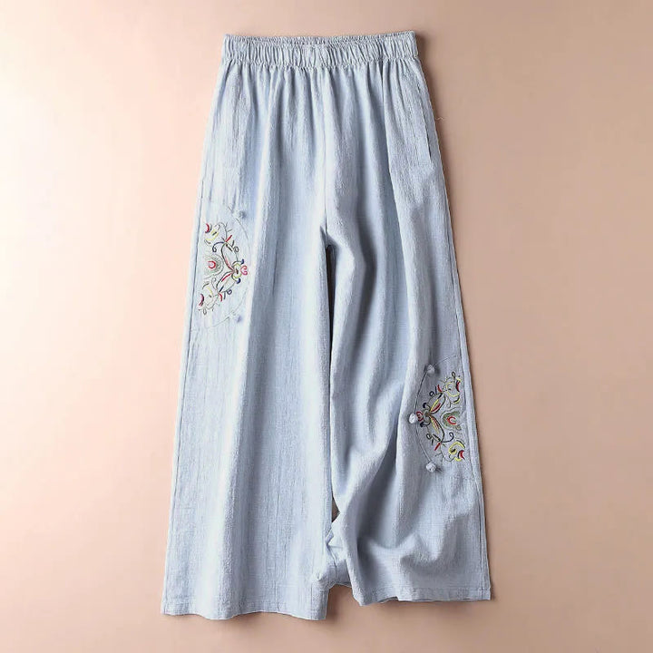 Buddha Stones春エスニック刺繍コットンレディースワイドレッグパンツポケット付き - ライトシアン - US12、 UK/AU16、EU44（4XL） - image 10