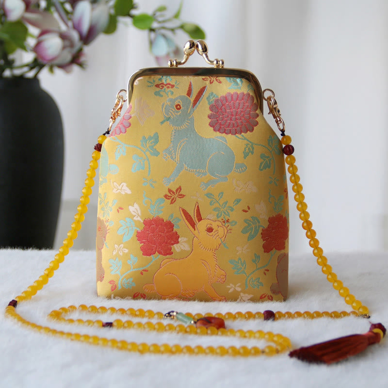 Buddha Stonesのレトロな中国刺繍パールチェーンクロスボディバッグショルダーバッグ - 黄色いウサギの赤い花 14*6*18cm - image 14