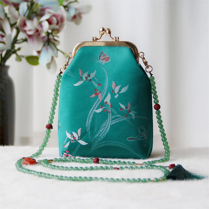 Buddha Stonesのレトロな中国刺繍パールチェーンクロスボディバッグショルダーバッグ - グリーンバタフライオーキッドバタフライ 14×6×18cm - image 28