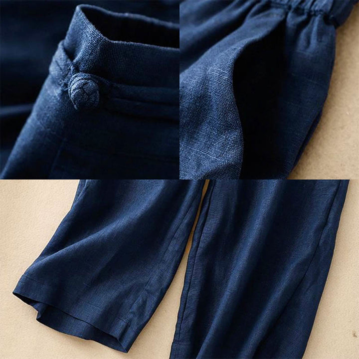 Buddha Stones多用途 無地 伸縮性ウエストバンド フロッグボタン コットン レディース ワイドレッグパンツ ポケット付き - image 9