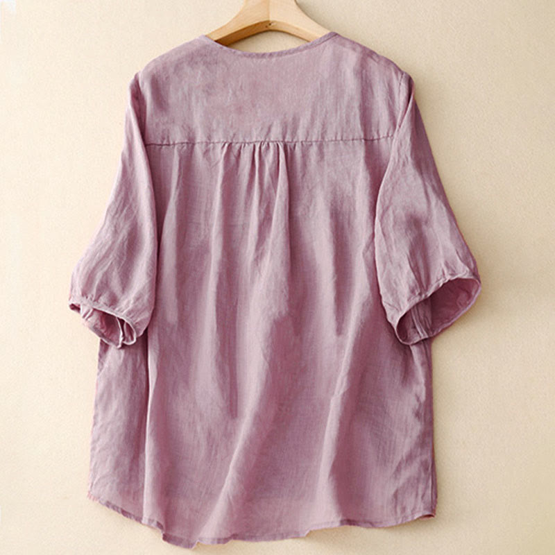 Buddha Stonesカジュアル 無地 ゆったり レディース Vネック ハーフスリーブ シャツ - image 1