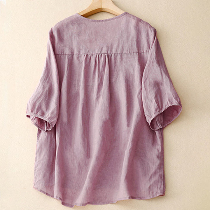 Buddha Stonesカジュアル 無地 ゆったり レディース Vネック ハーフスリーブ シャツ - image 1