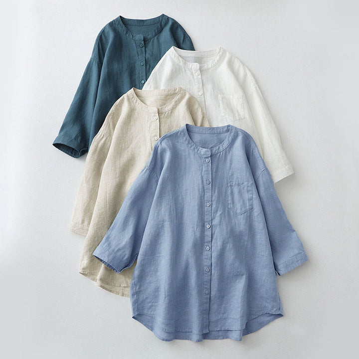 Buddha Stones無地ボタン七分袖シャツ - image 0