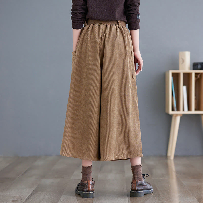 Buddha Stonesレトロ レディース ワイドレッグ 7-8丈 コーデュロイ コットンパンツ ポケット付き ベルト付き - image 3