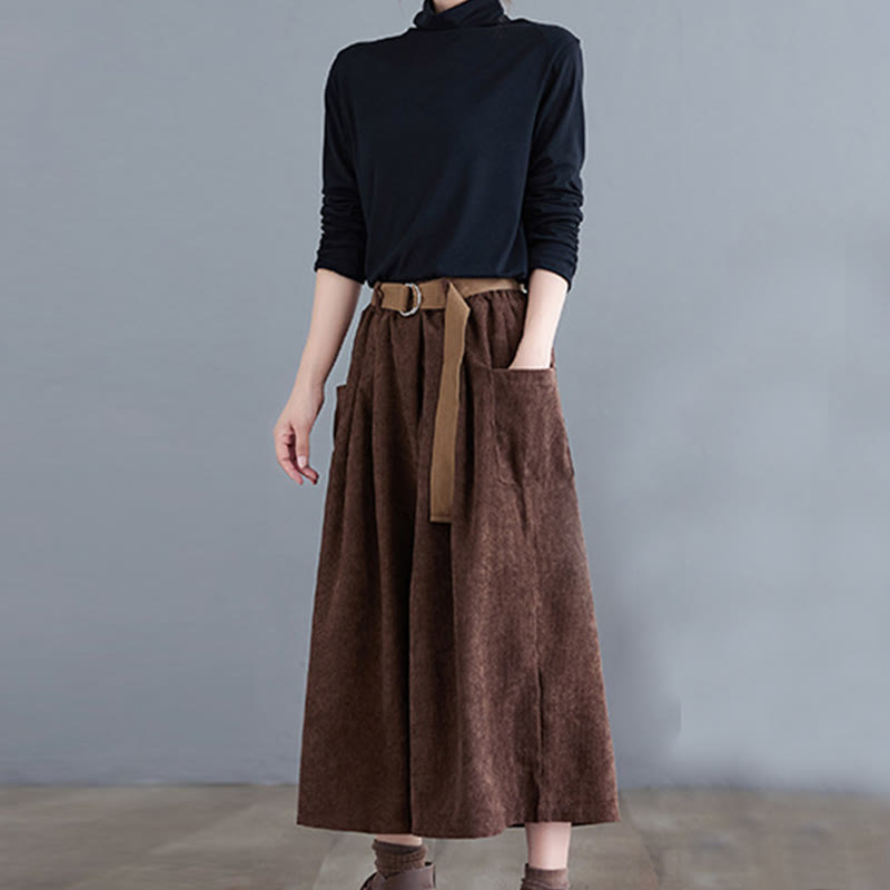 Buddha Stonesレトロ レディース ワイドレッグ 7-8丈 コーデュロイパンツ ポケット付き ベルト付き - image 19