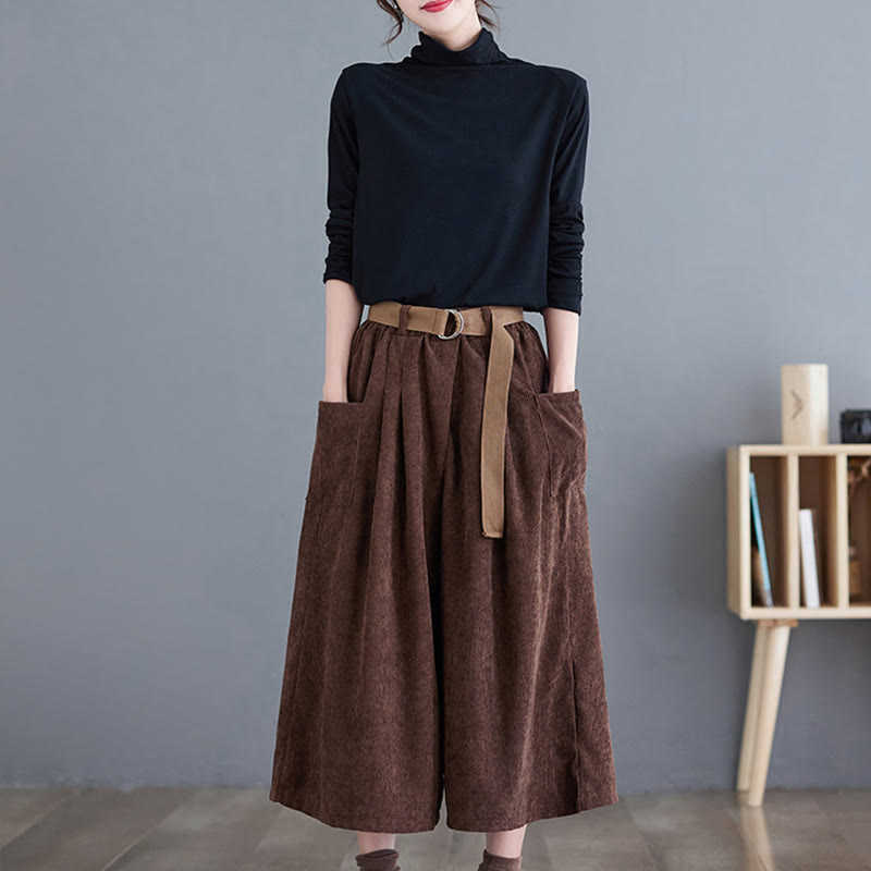 Buddha Stonesレトロ レディース ワイドレッグ 7-8丈 コーデュロイパンツ ポケット付き ベルト付き - image 20