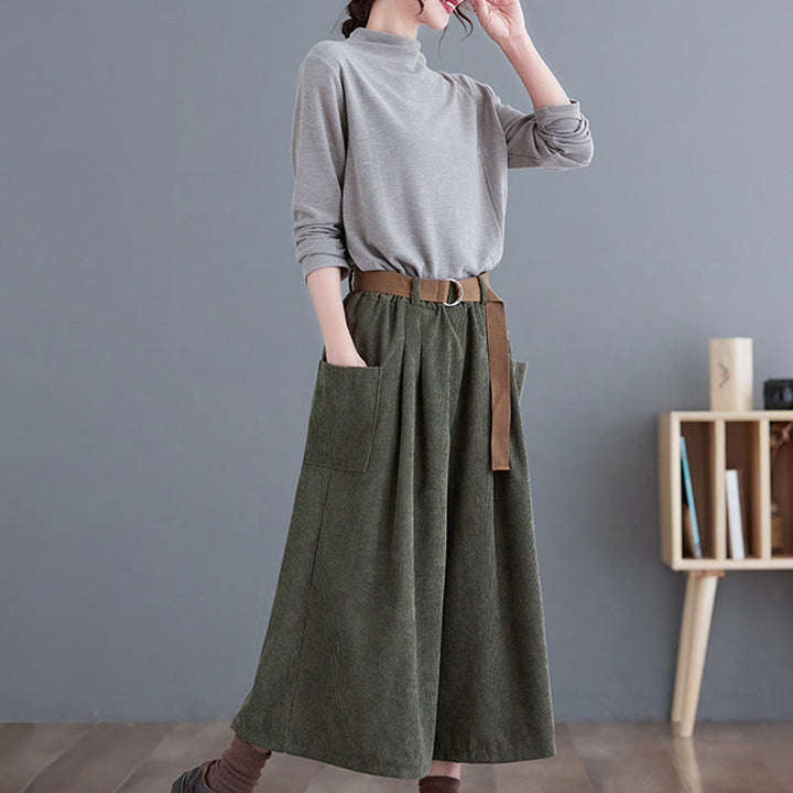 Buddha Stonesレトロ レディース ワイドレッグ 7-8丈 コーデュロイ コットンパンツ ポケット付き ベルト付き - image 15