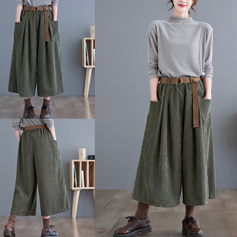 Buddha Stonesレトロ レディース ワイドレッグ 7-8丈 コーデュロイ コットンパンツ ポケット付き ベルト付き - image 16